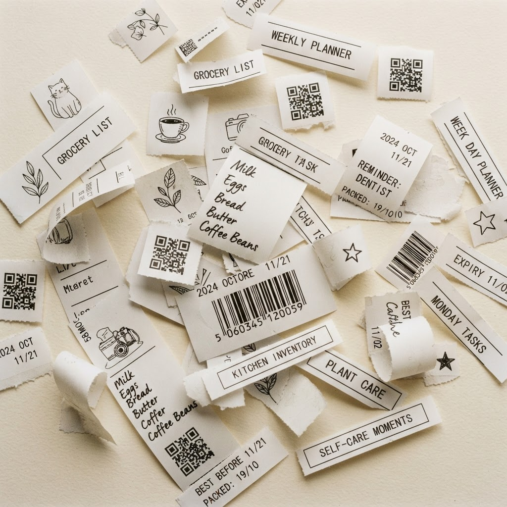 A flat lay of printed black-and-white thermal sticker strips with lists, labels and line art